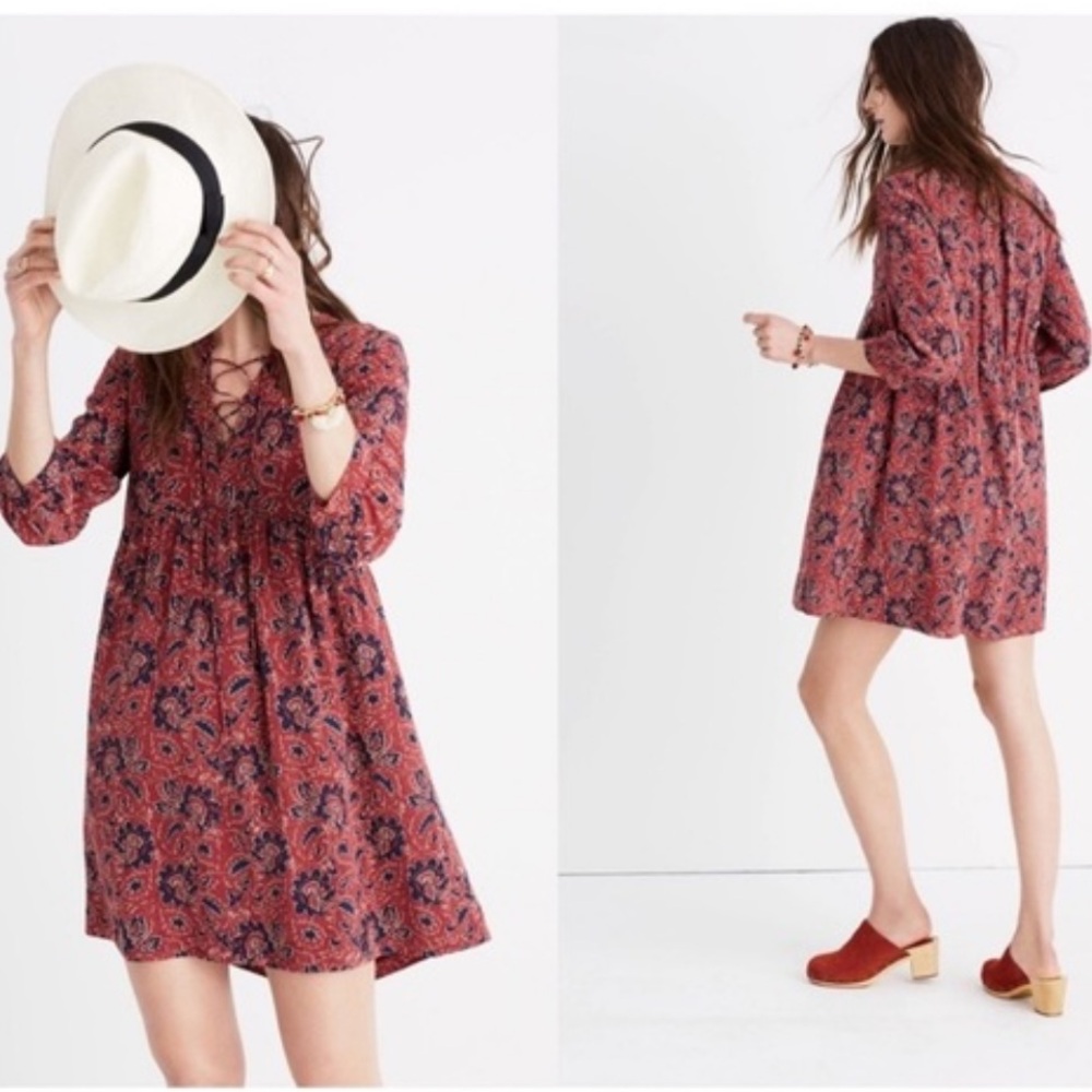 Madewell Silk Lace-Up Dress in Assam Floral Sz XS